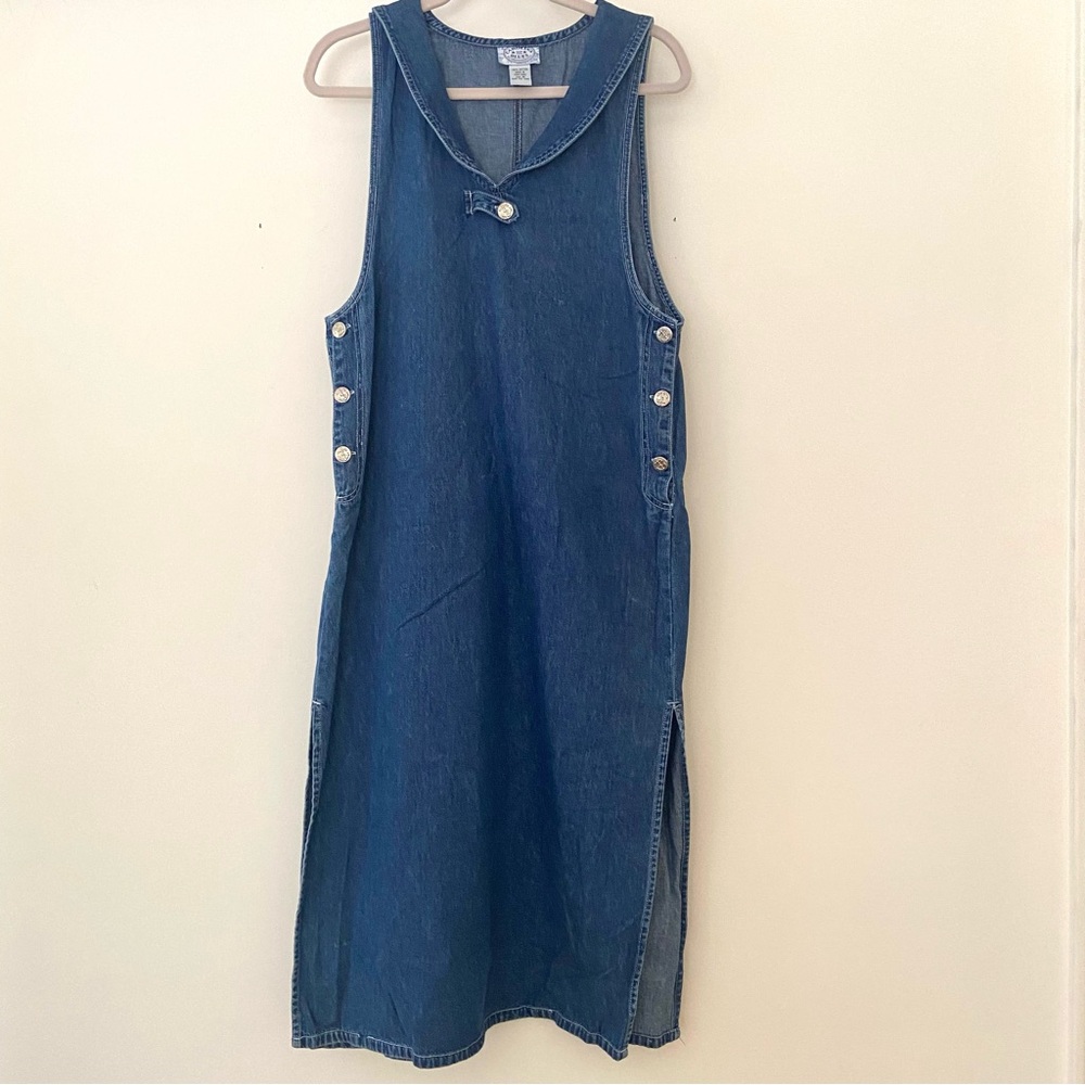 Vtg Carolina Blues Denim Jumper Dress Size M Modest Nautical Coastal Sailor Maxi